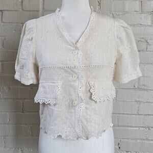 La Chapelle Cream Coquette Cropped Button-up Blouse┃Cottagecore Eyelet Lace